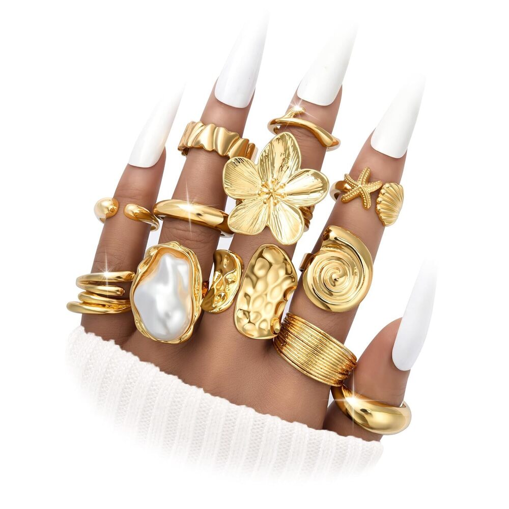 Gold Rings for Women Non Tarnish Statement Flower Ring Set, 14K Gold